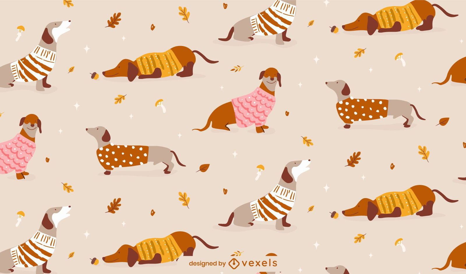 Dackel in Pullovern, Muster, Herbstblätter, Beige, Illustration, HD, Windows-Hintergrundbild