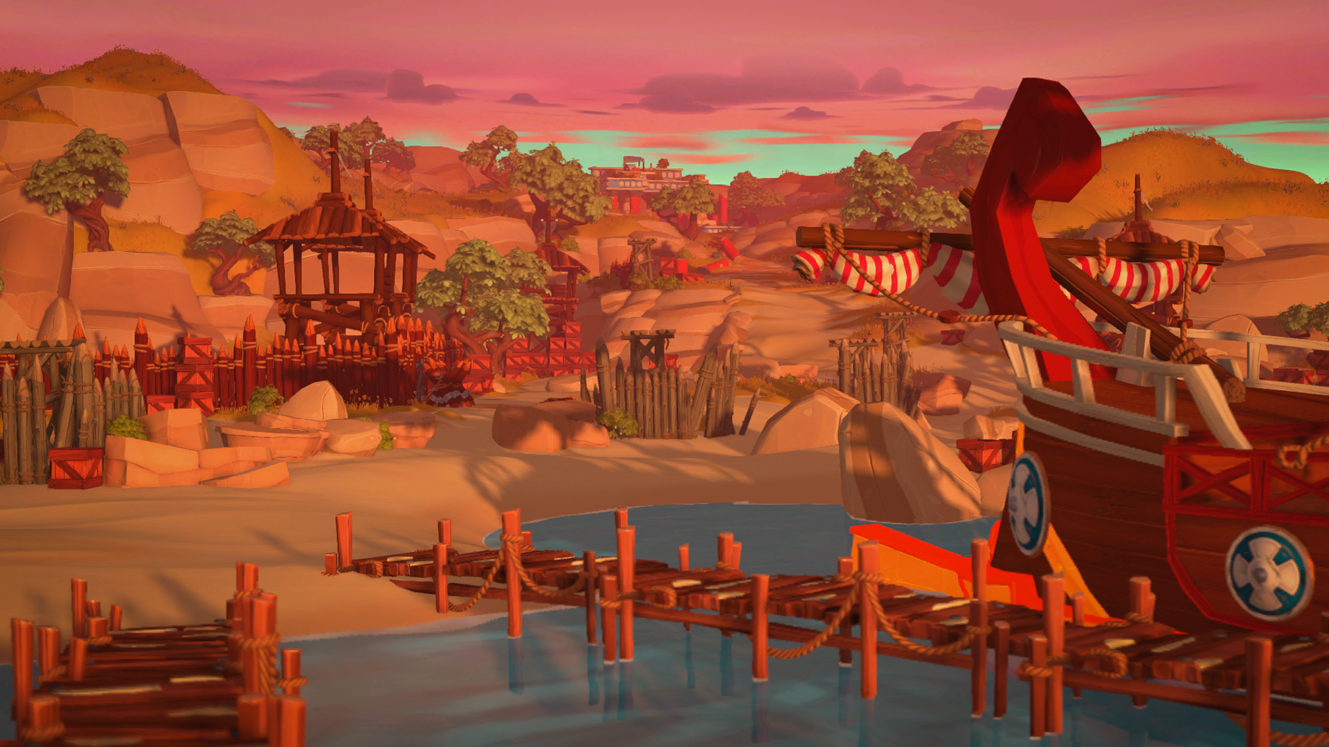 Asterix, Gallisches Dorf, 3D-Grafik, Schiff, Sonnenuntergang, 1920x1080, Desktop-Hintergrund