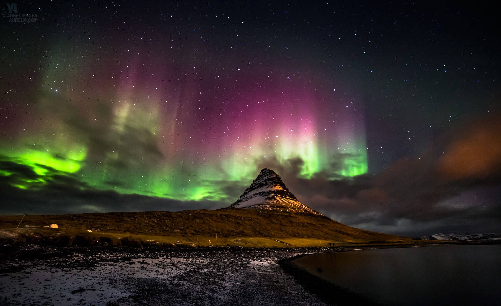 Kirkjufell, Island, Polarlichter, Grün, Pink, HD, Hintergrundbild für den PC