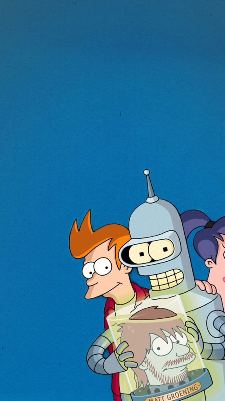 Fry, Bender, Futurama, Zeichentrick, Blauer Hintergrund, Sperrbildschirm fürs iPhone