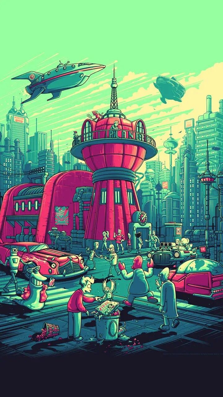Planet Express, Futurama, Raumschiff, Stadt der Zukunft, Grün, HD, iPhone-Hintergrundbild