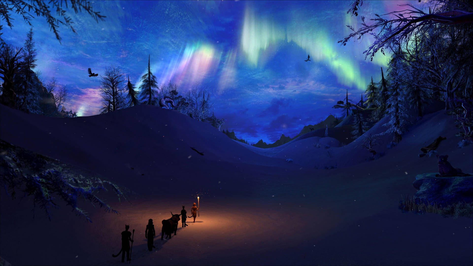 Polarlichter, Wanderer, Winterwald, Blau, Fantasy, 1920x1080, Full-HD-Hintergrundbild für PC