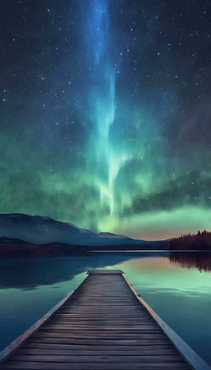 Holzsteg, See, Polarlicht, Spiegelung, Berge, Hochformat, Hintergrundbild fürs Smartphone