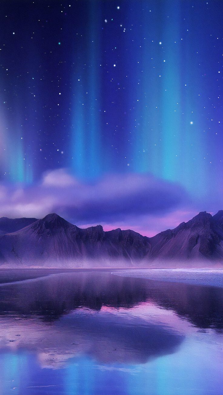 Aurora borealis, Berge, Spiegelung, Lila, Blau, HD, Handy-Hintergrund im Hochformat