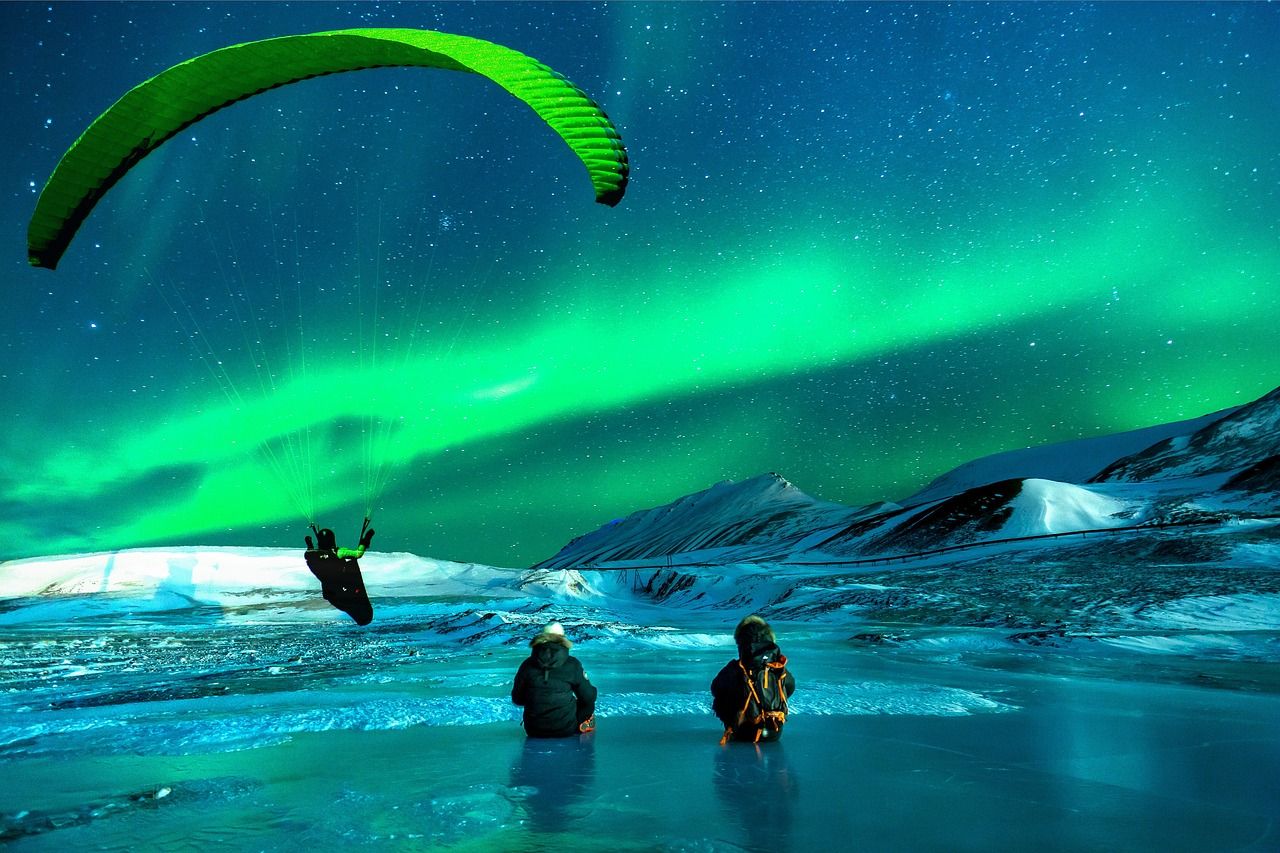 Gleitschirm, Nordlicht, Gletscher, Abenteuer, Grün, HD, Hintergrundbild für den PC