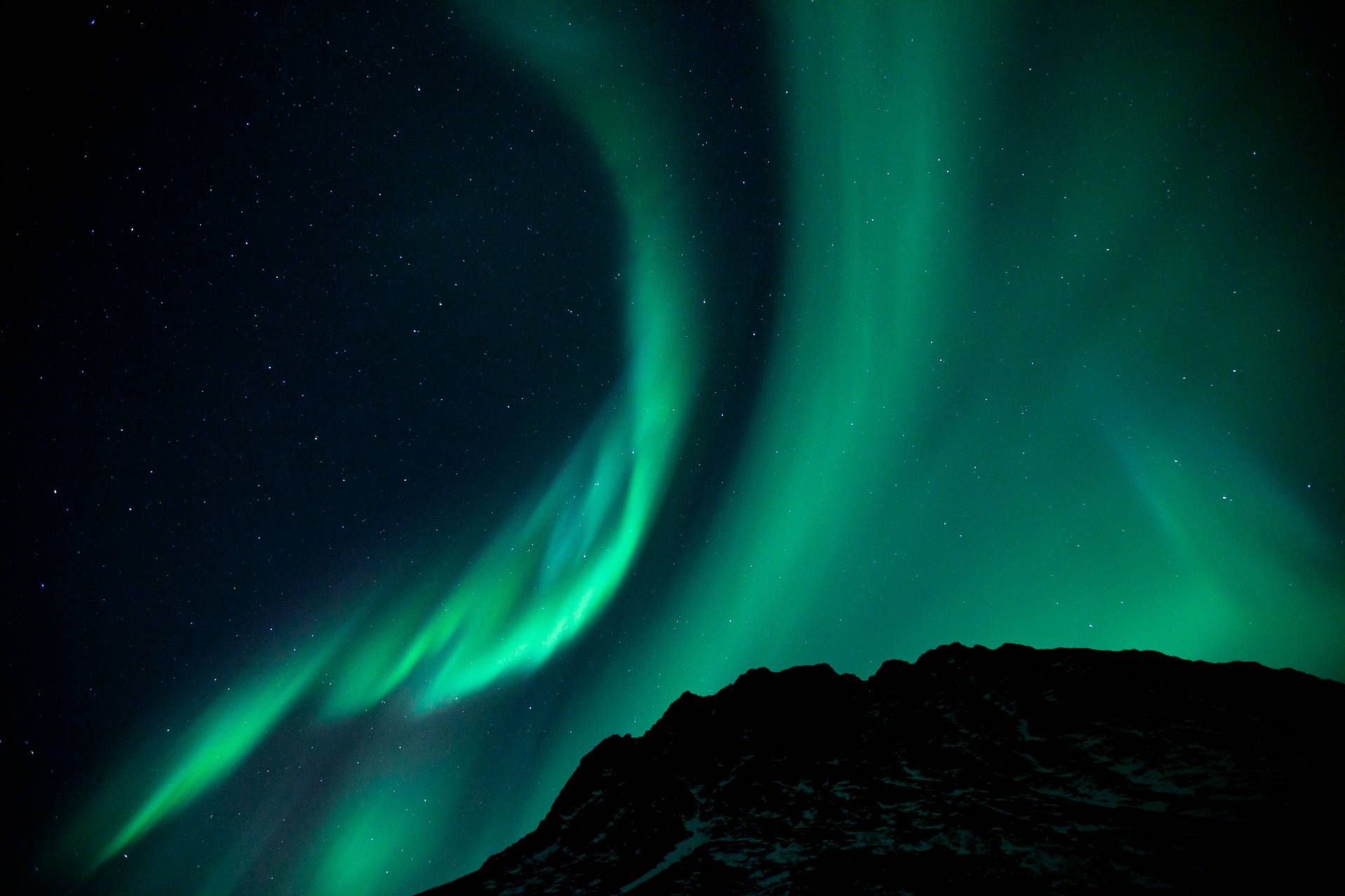 Polarlicht, Bogen, Hügel, Grün, Dunkel, Full HD, Desktop-Hintergrund für Windows