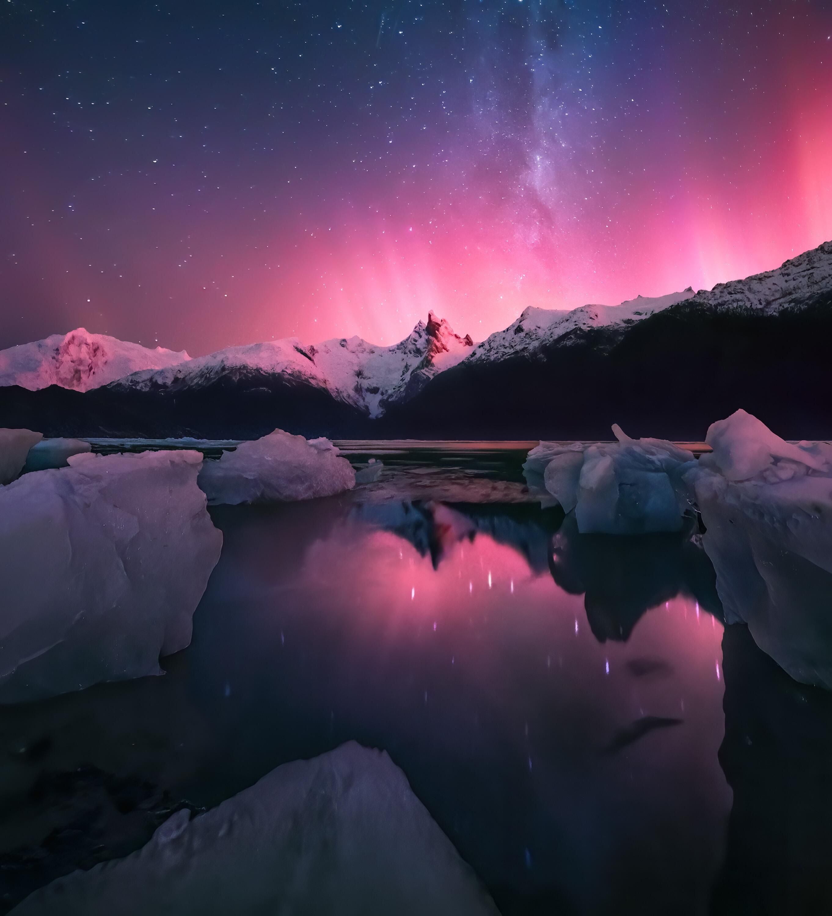 Eisschollen, Rosa Himmel, Berge, Spiegelung, Arktis, 2K, iPad-Hintergrundbild