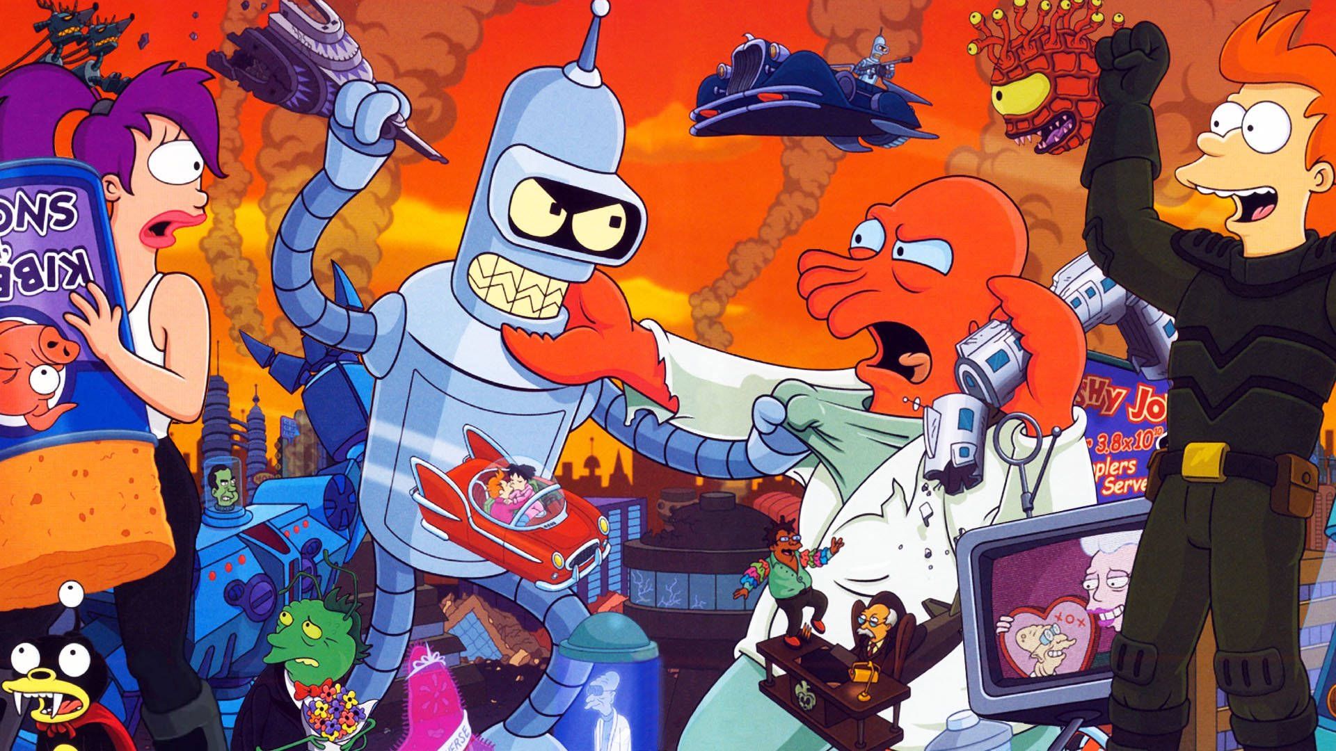 Bender, Zoidberg, Fry, Leela, Futurama, Wimmelbild, Full HD, Desktop-Hintergrund für Windows