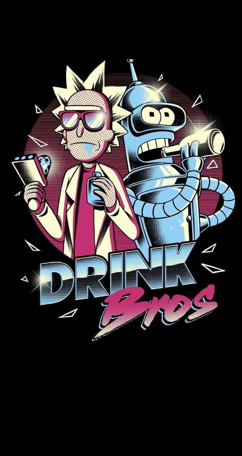 Bender, Rick Sanchez, Drink Bros, Futurama, Rick and Morty, Crossover, Hintergrundbild fürs Handy