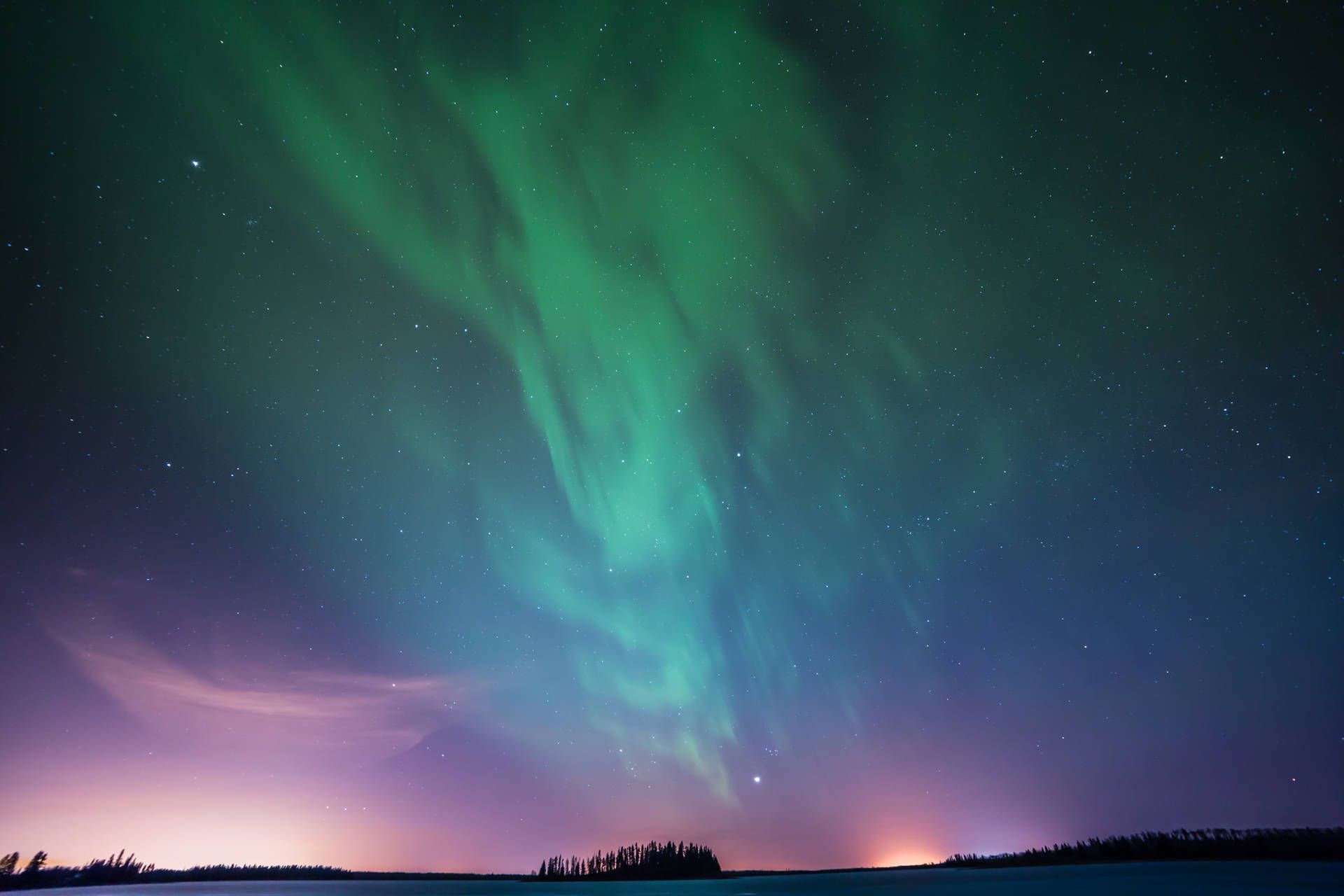 Aurora borealis, Sternenhimmel, Horizont, Grün, Lila, Full HD, Desktop-Hintergrund für Windows