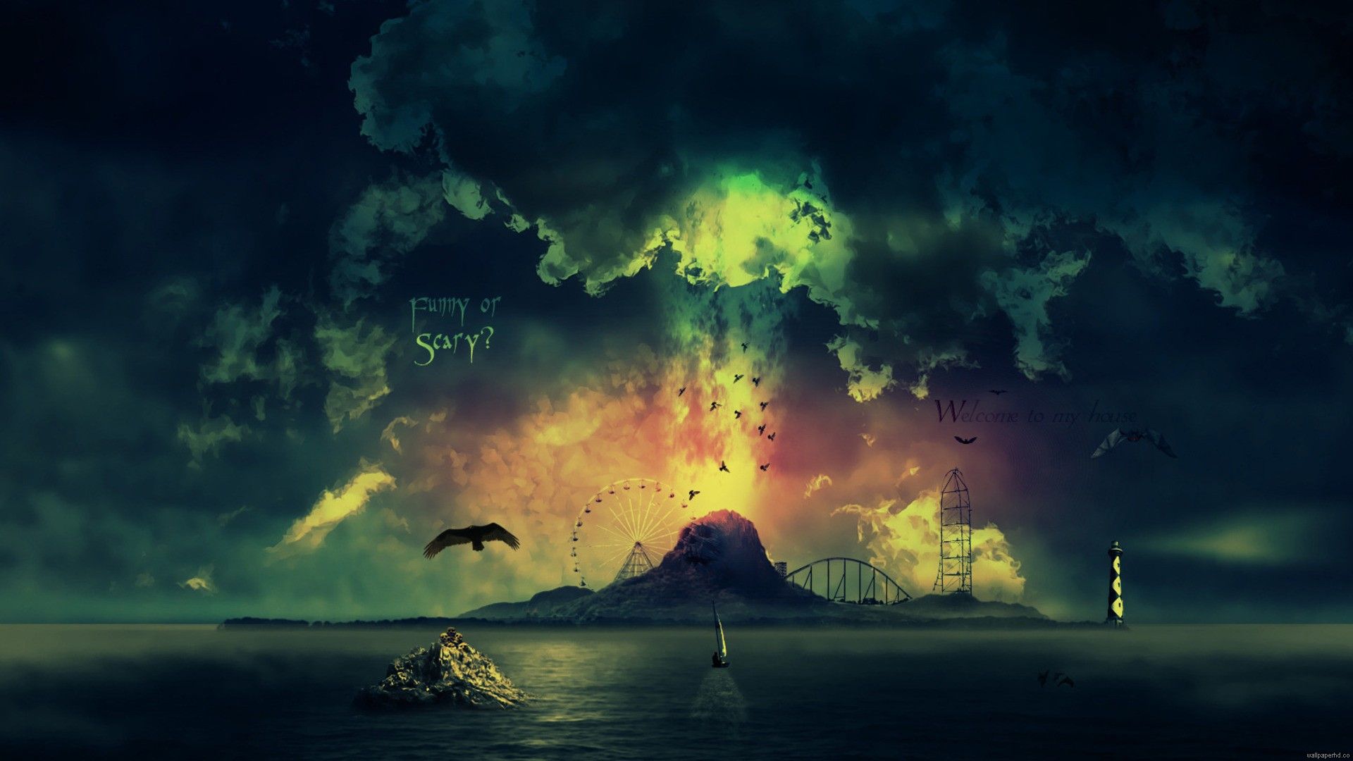 Fantasy-Landschaft, Meer, Leuchtturm, Vögel, Düsterer Himmel, Surreal, Full HD, PC-Hintergrundbild