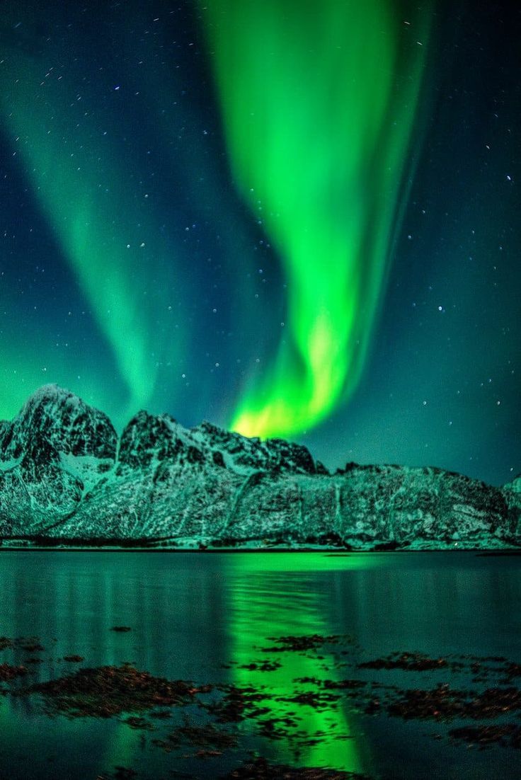Nordlicht, Verschneite Berge, Spiegelung, Grün, HD, Hintergrundbild fürs Tablet