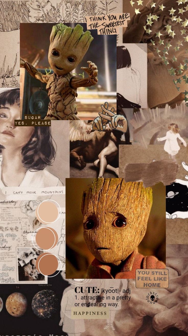 Baby Groot, Groot, Collage, Beige Ästhetik, Lichterkette, Hintergrundbild fürs Handy