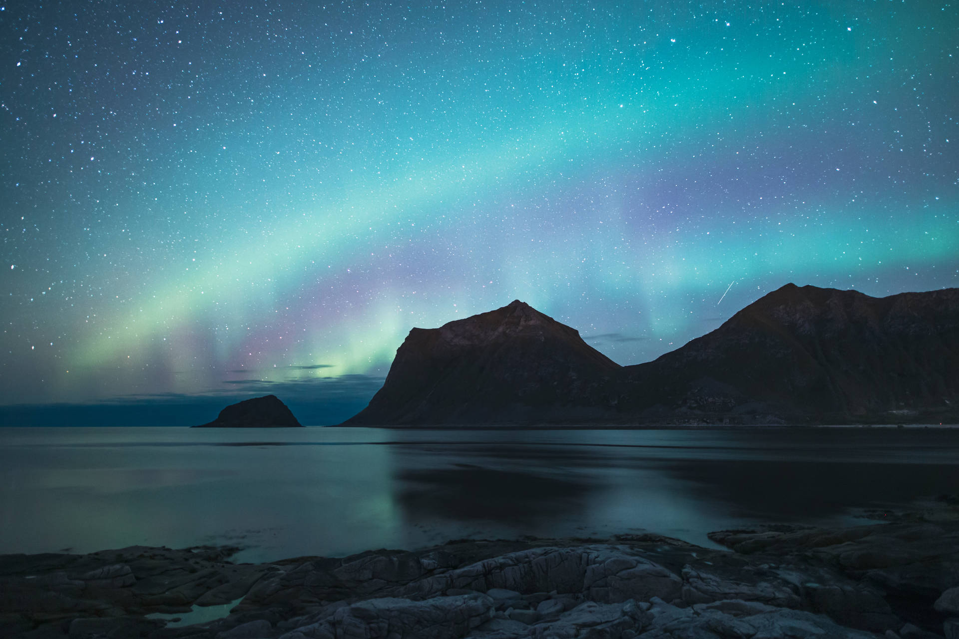 Polarlicht, Bergsilhouette, Küste, Türkis, Nacht, Full HD, Desktop-Hintergrund für Windows