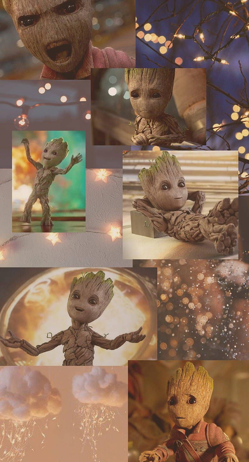 Baby Groot, Groot, Collage, Warme Töne, Ästhetik, HD, Hintergrundbild fürs Handy