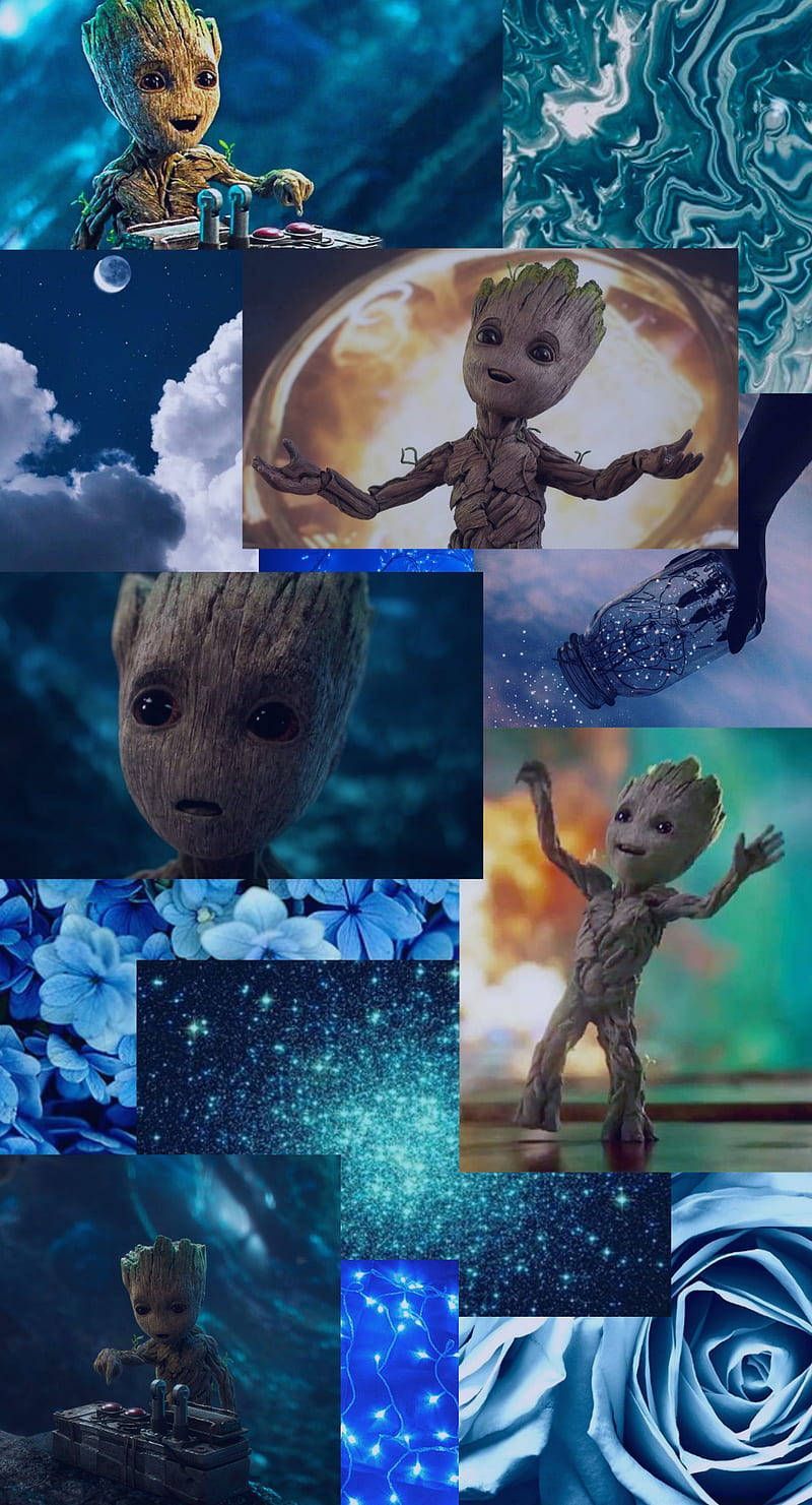Baby Groot, Groot, Collage, Blaue Ästhetik, Rosen, Hintergrundbild für iPhone und Android