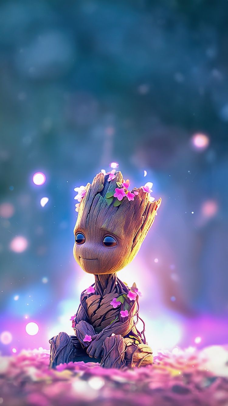 Baby Groot, Groot, Lila, Glitzer, Bokeh, HD, Hintergrundbild fürs Handy