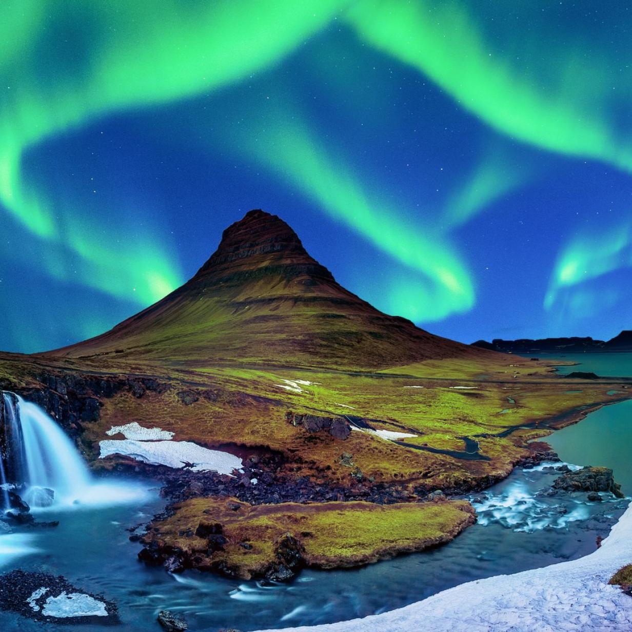 Kirkjufell, Kirkjufellsfoss, Island, Nordlicht, Wasserfall, Hintergrundbild fürs Tablet