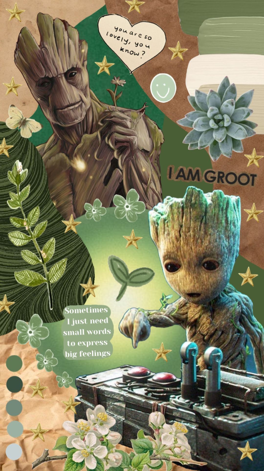 Baby Groot, I Am Groot, Collage, Pflanzen, Grüne Ästhetik, 1080x1920, Handy-Hintergrund