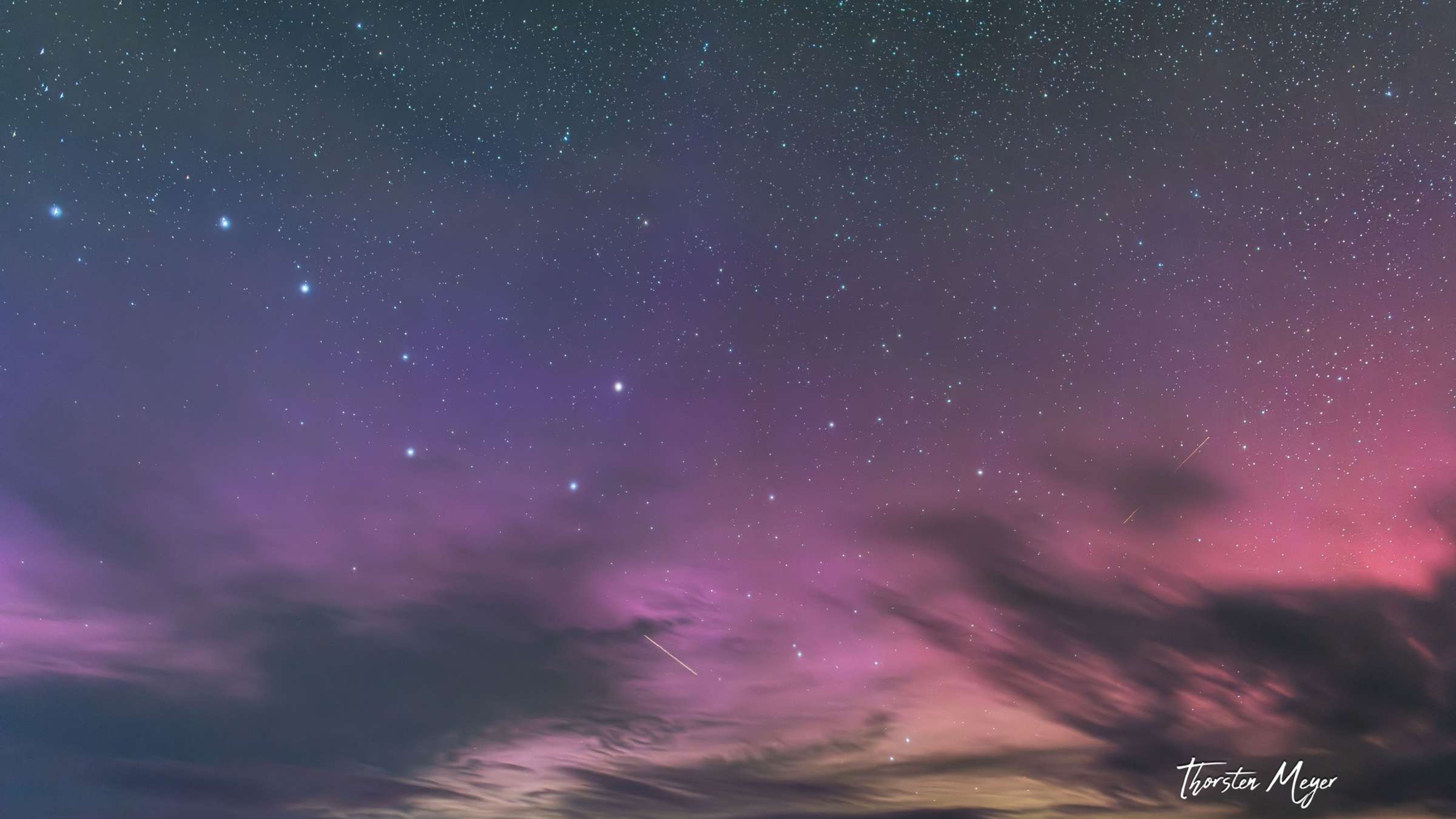 Polarlicht, Sternenhimmel, Rosa, Lila, Wolken, 16:9, Full-HD-Hintergrundbild für den Desktop