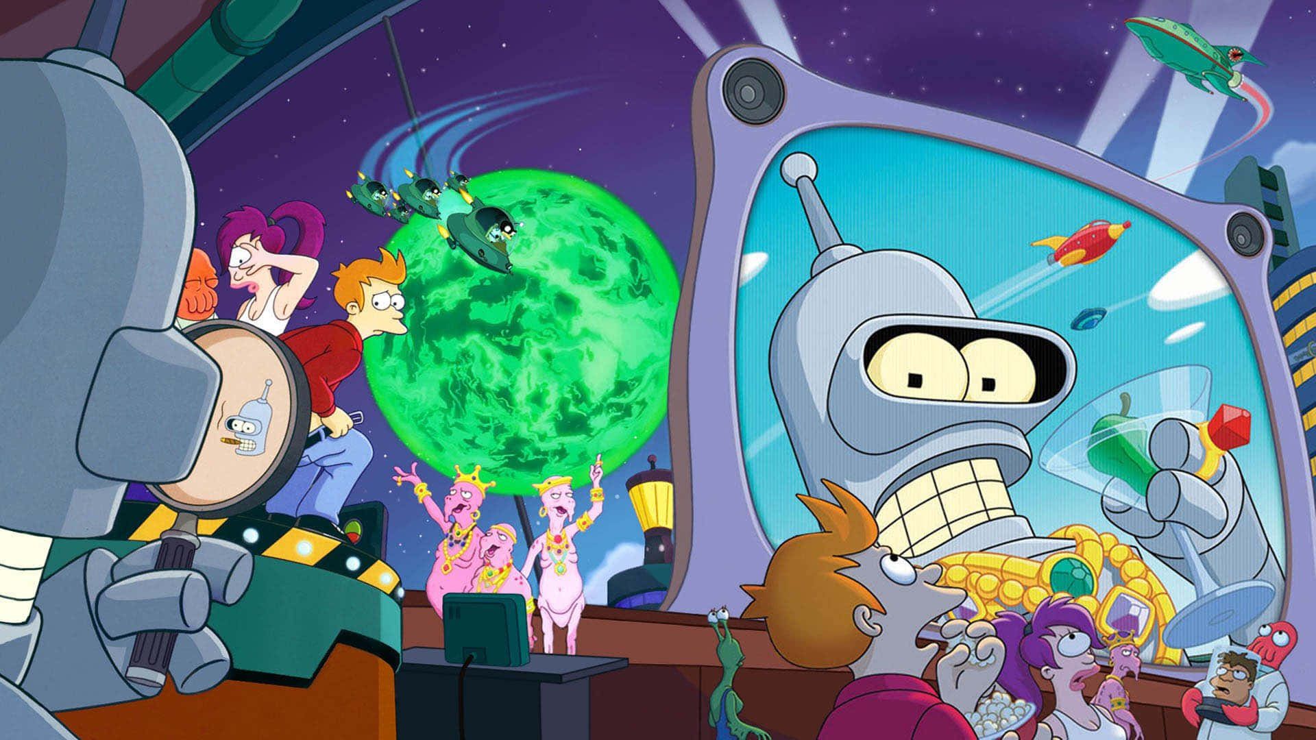 Bender, Fry, Planet Express, Futurama, Raumschiff, Planet, 1920x1080, Desktop-Hintergrund