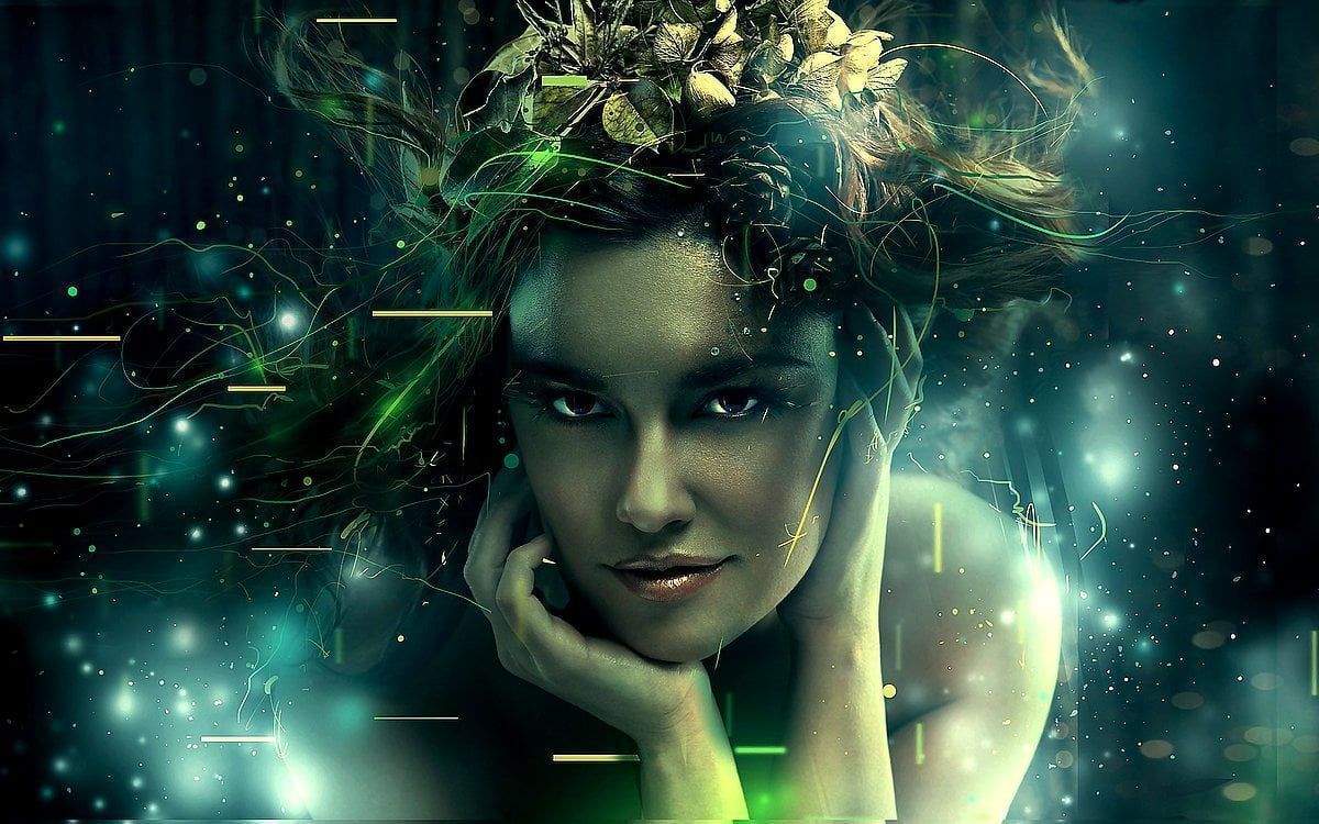 Fantasy-Frau, Porträt, Blumenkranz, Leuchtende Partikel, Digitale Kunst, Hintergrundbild