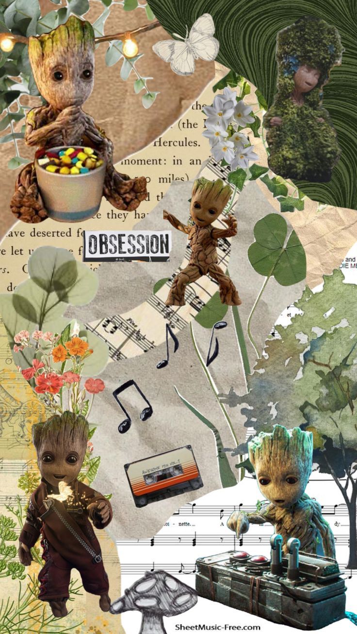 Baby Groot, Collage, Musik, Pflanzen, Moodboard, HD, Sperrbildschirm fürs iPhone