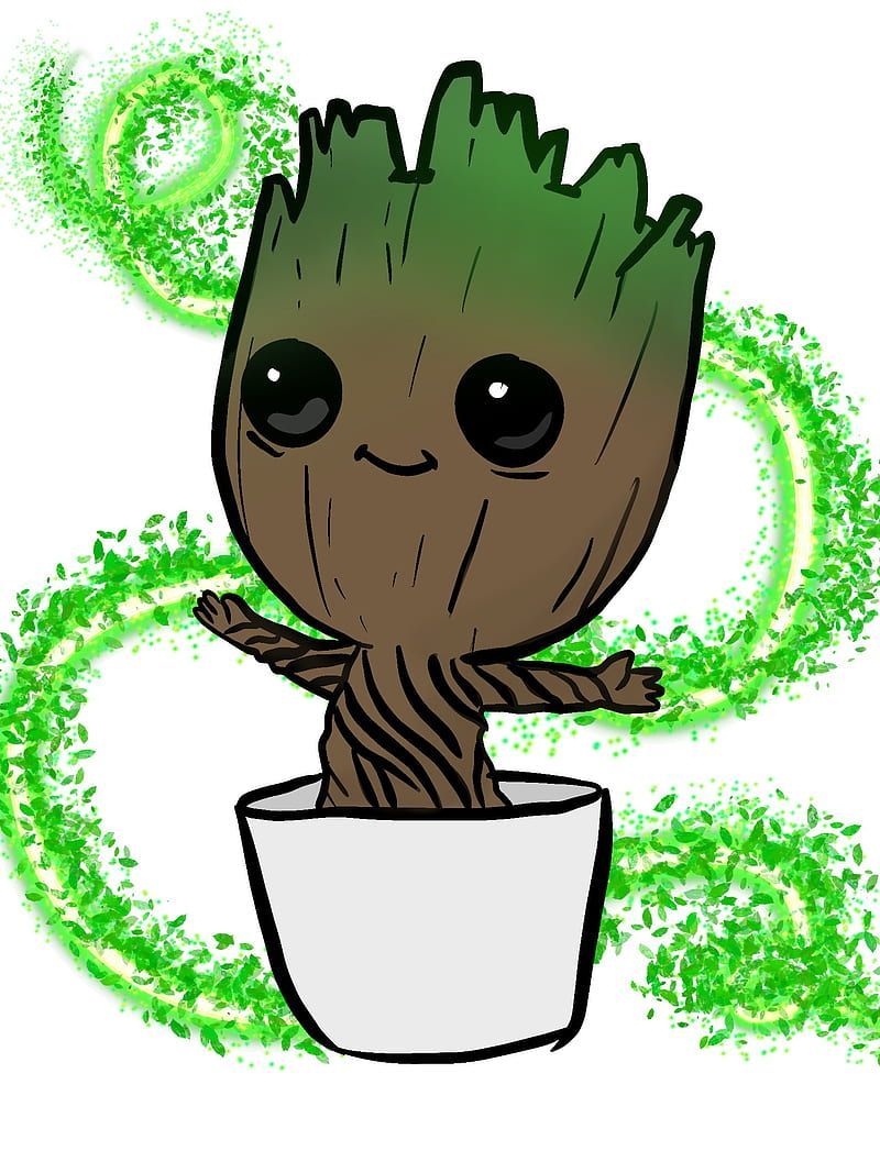Baby Groot, Groot, Blumentopf, Zeichnung, Grüne Ranken, HD, Hintergrundbild fürs Tablet