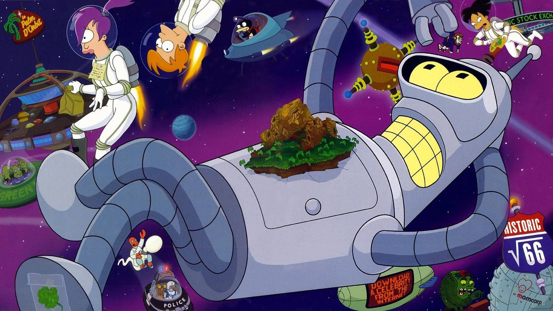 Bender, Futurama, Route 66, Weltraum, Zeichentrick, 1920x1080, Full-HD-Hintergrundbild für PC