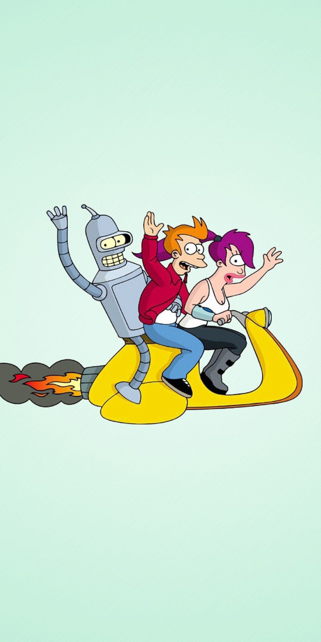 Fry, Leela, Bender, Futurama, Mintgrün, Fliegen, Full HD, Hintergrundbild fürs Handy