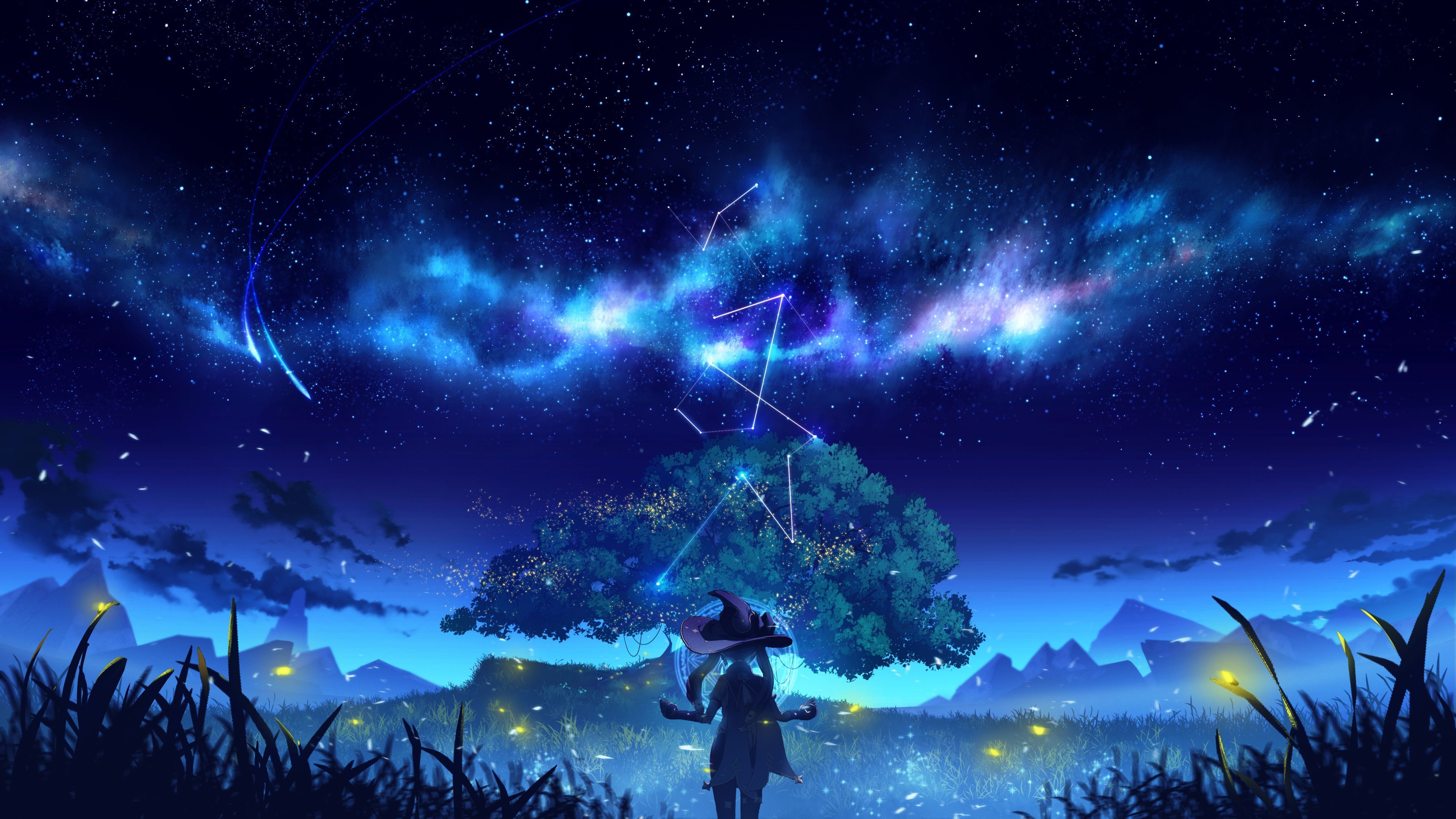 Hexe, Baum, Sternenhimmel, Glühwürmchen, Anime-Stil, Nacht, 4K, Laptop-Hintergrundbild