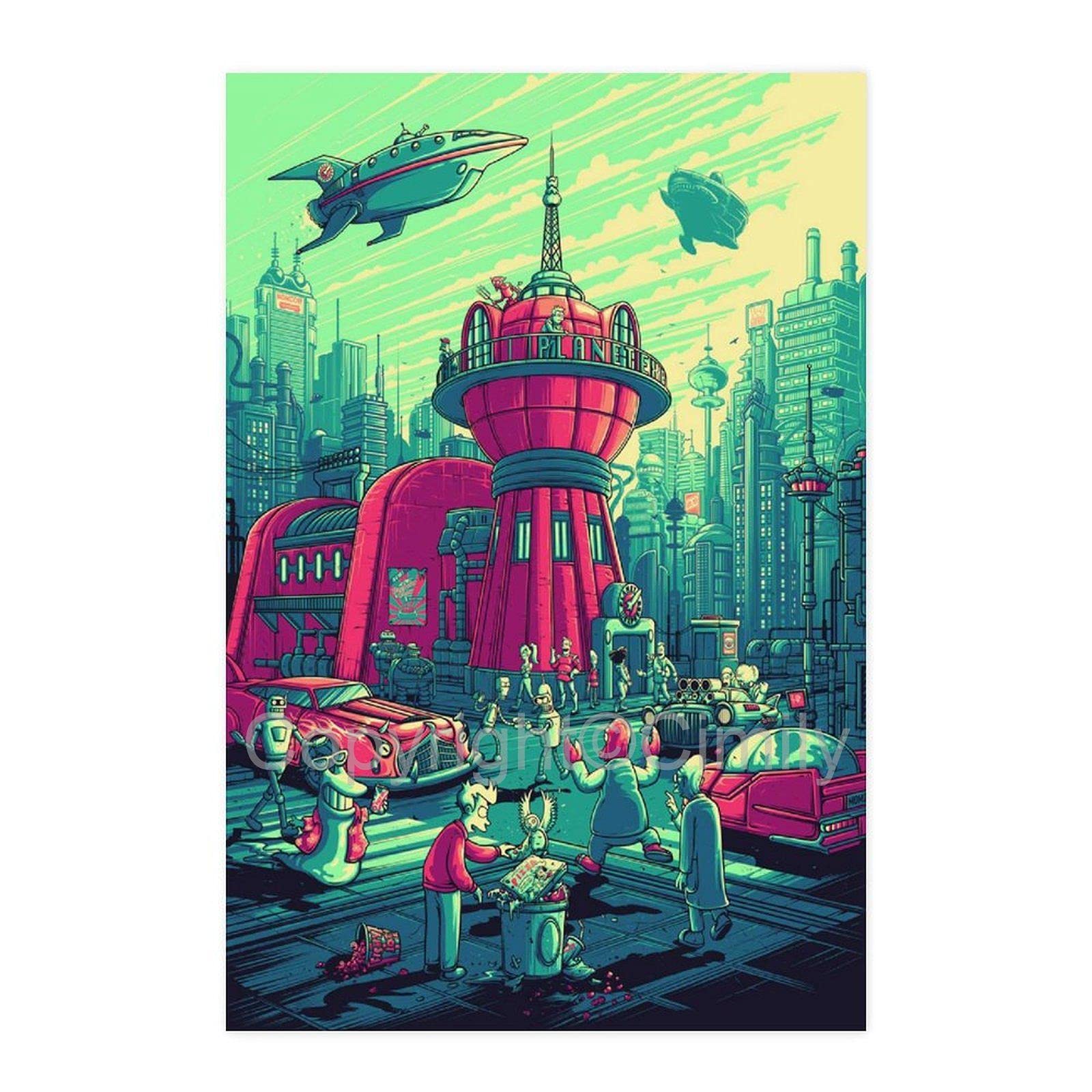 Planet Express, Futurama, Raumschiff, Stadt der Zukunft, Türkis, Hintergrundbild fürs iPad
