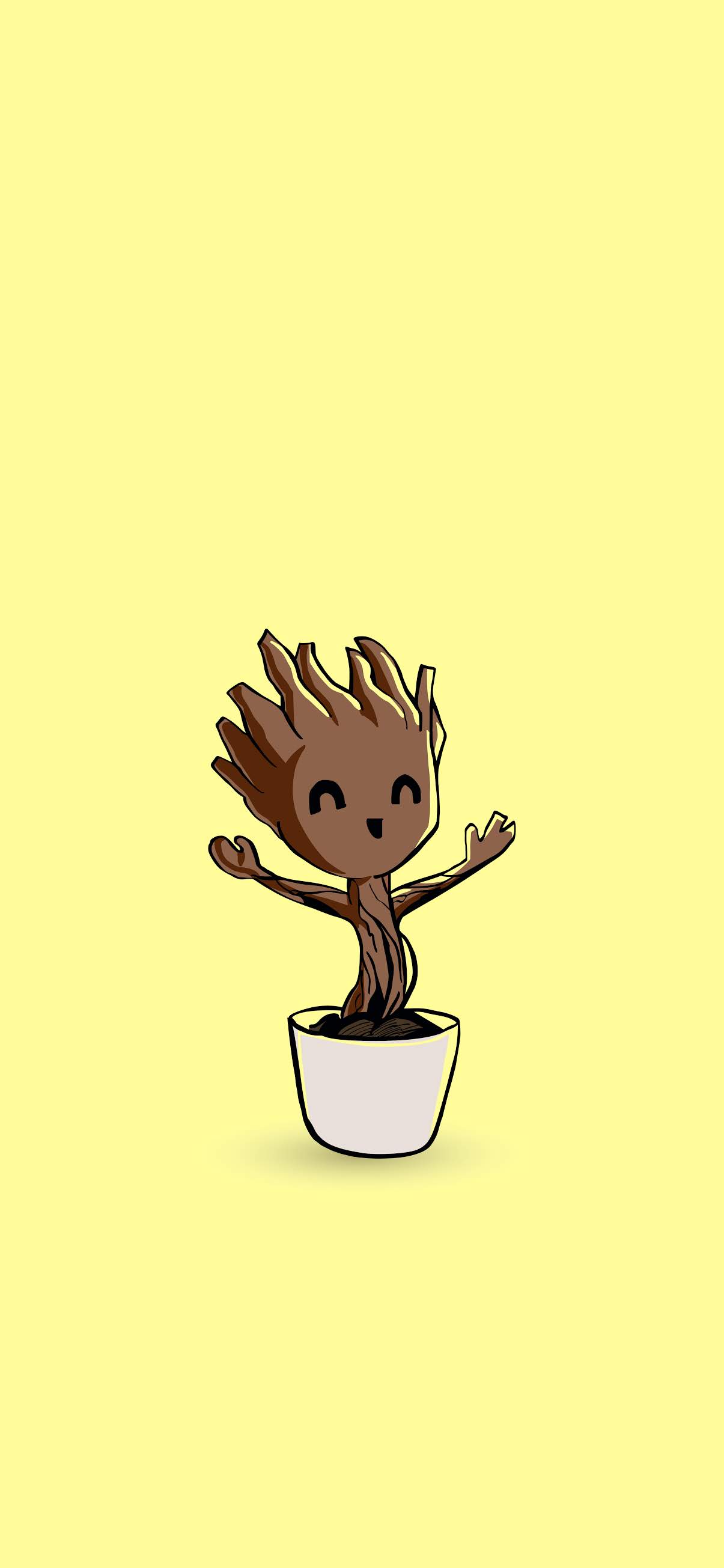 Baby Groot, Blumentopf, Gelber Hintergrund, Tanzen, Minimalistisch, Sperrbildschirm fürs iPhone