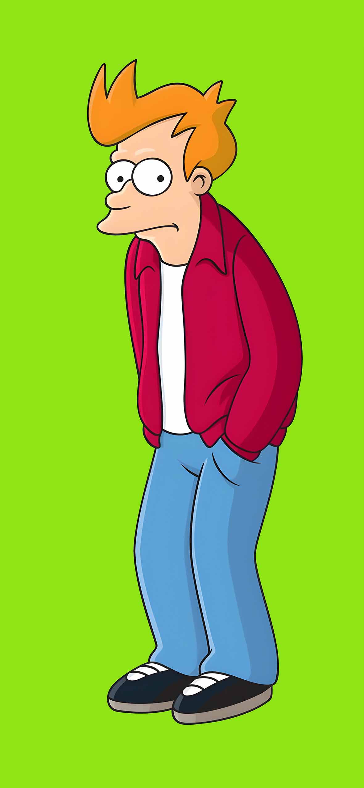 Fry, Futurama, Grüner Hintergrund, Minimalistisch, Rote Jacke, Sperrbildschirm fürs iPhone