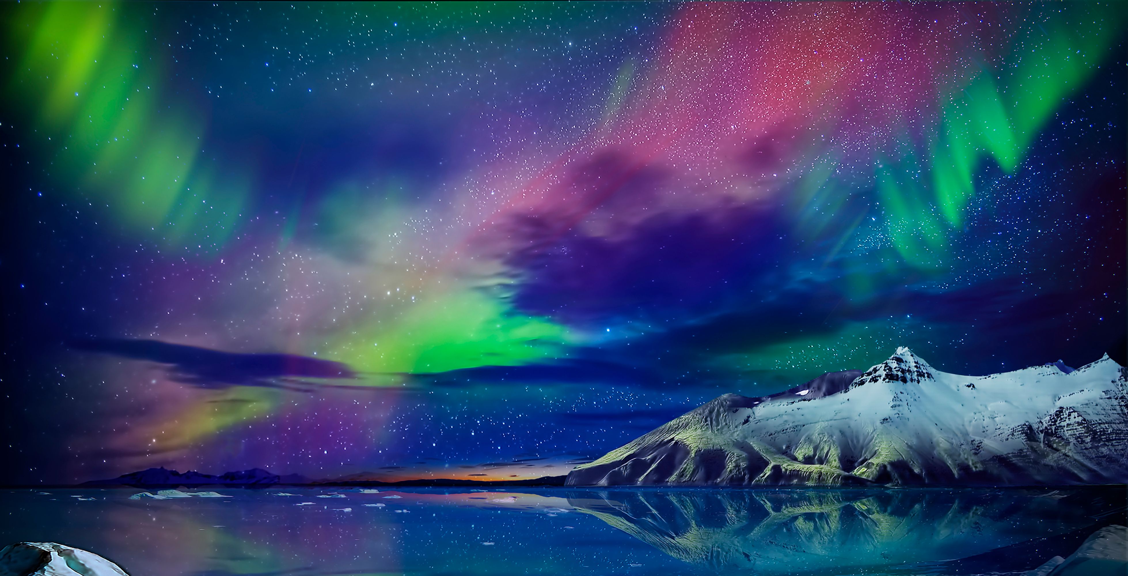 Polarlichter, Schneeberg, Spiegelung, Bunt, Digitale Kunst, 4K, Laptop-Hintergrundbild