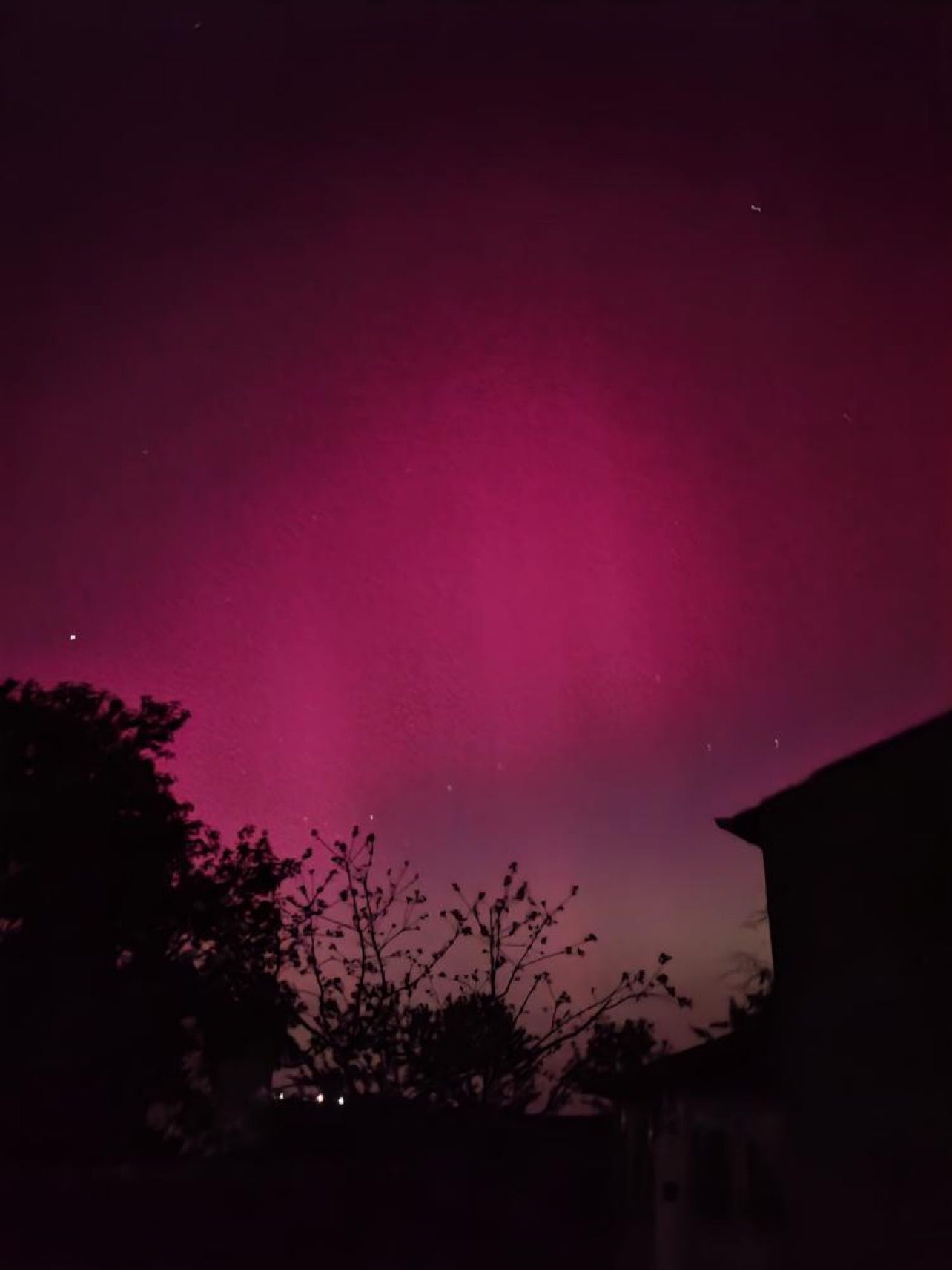 Rotes Polarlicht, Bäume, Haus, Silhouetten, Full HD, Hintergrundbild fürs Tablet