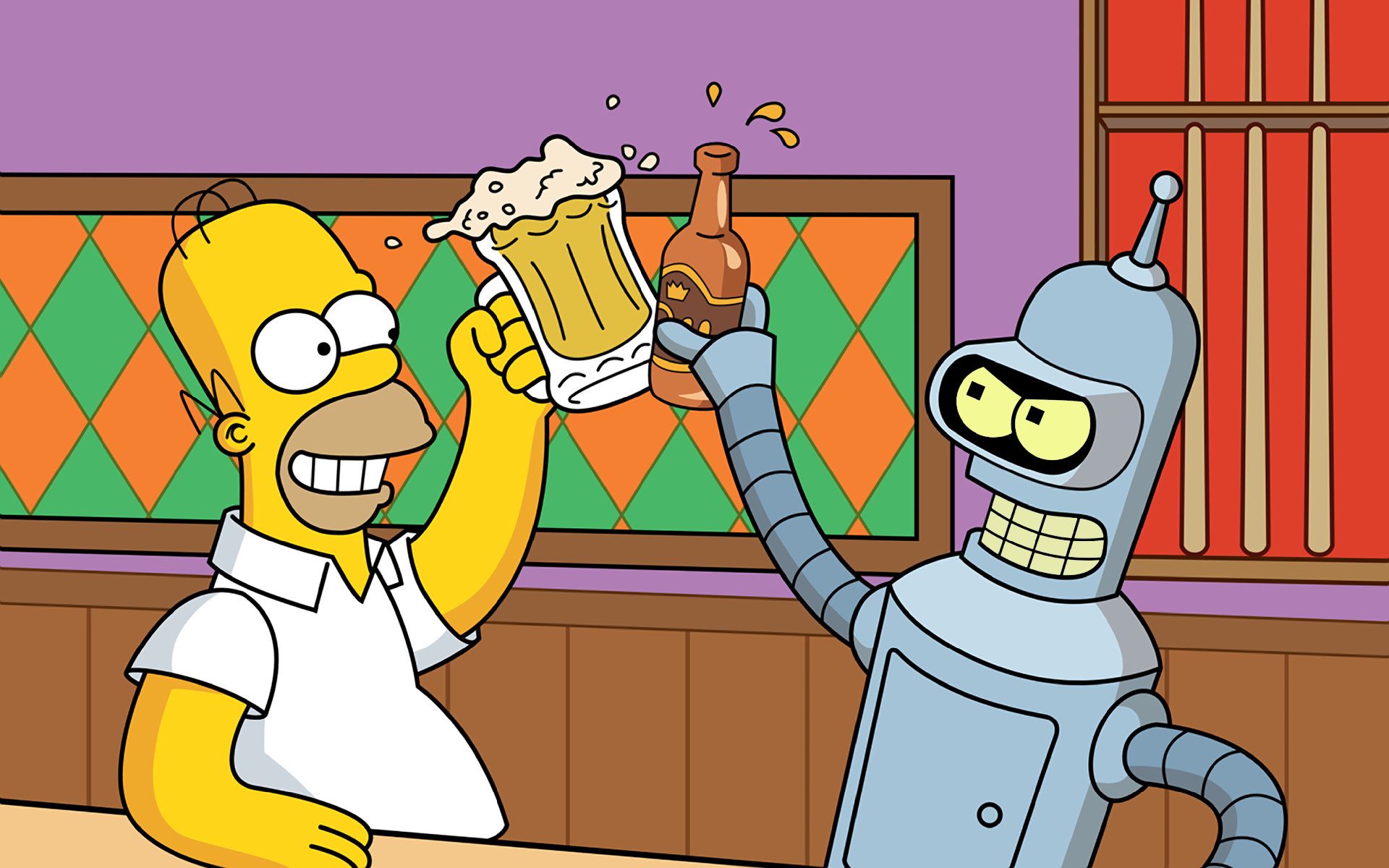 Homer Simpson, Bender, Die Simpsons, Futurama, Bier, Crossover, Full HD, Breitbild-Hintergrundbild