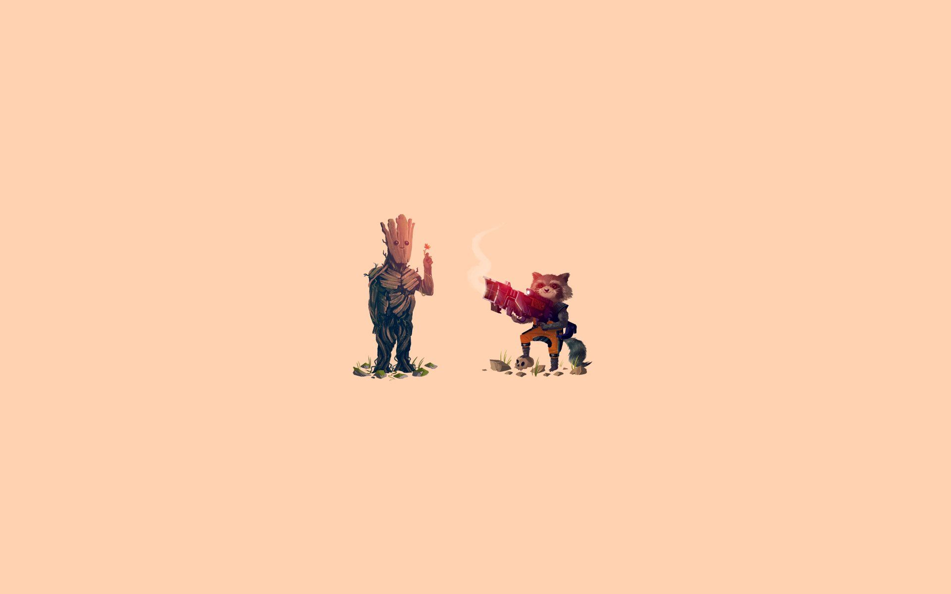Groot, Rocket, Pixel-Art, Pfirsichfarben, Minimalistisch, Full HD, Breitbild-Hintergrundbild
