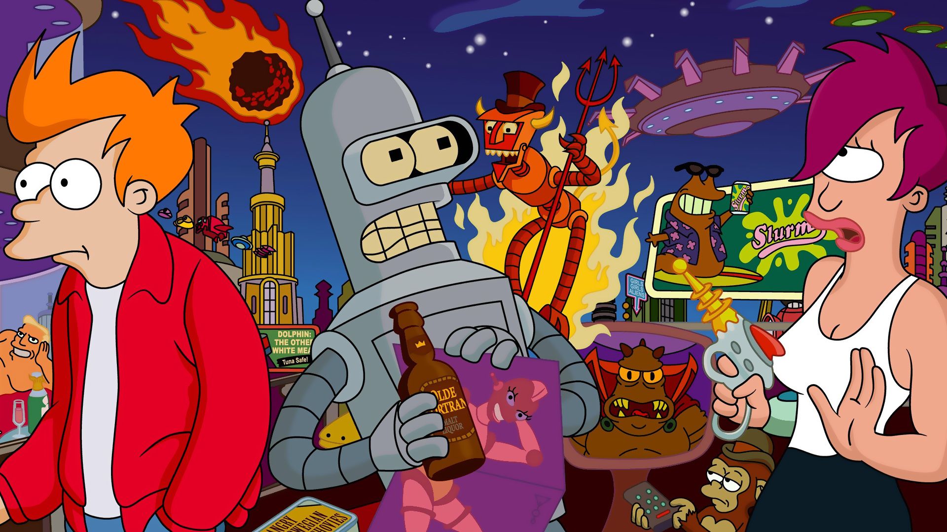 Fry, Bender, Leela, Futurama, Weltraum, Aliens, 1920x1080, Full-HD-Hintergrundbild für PC