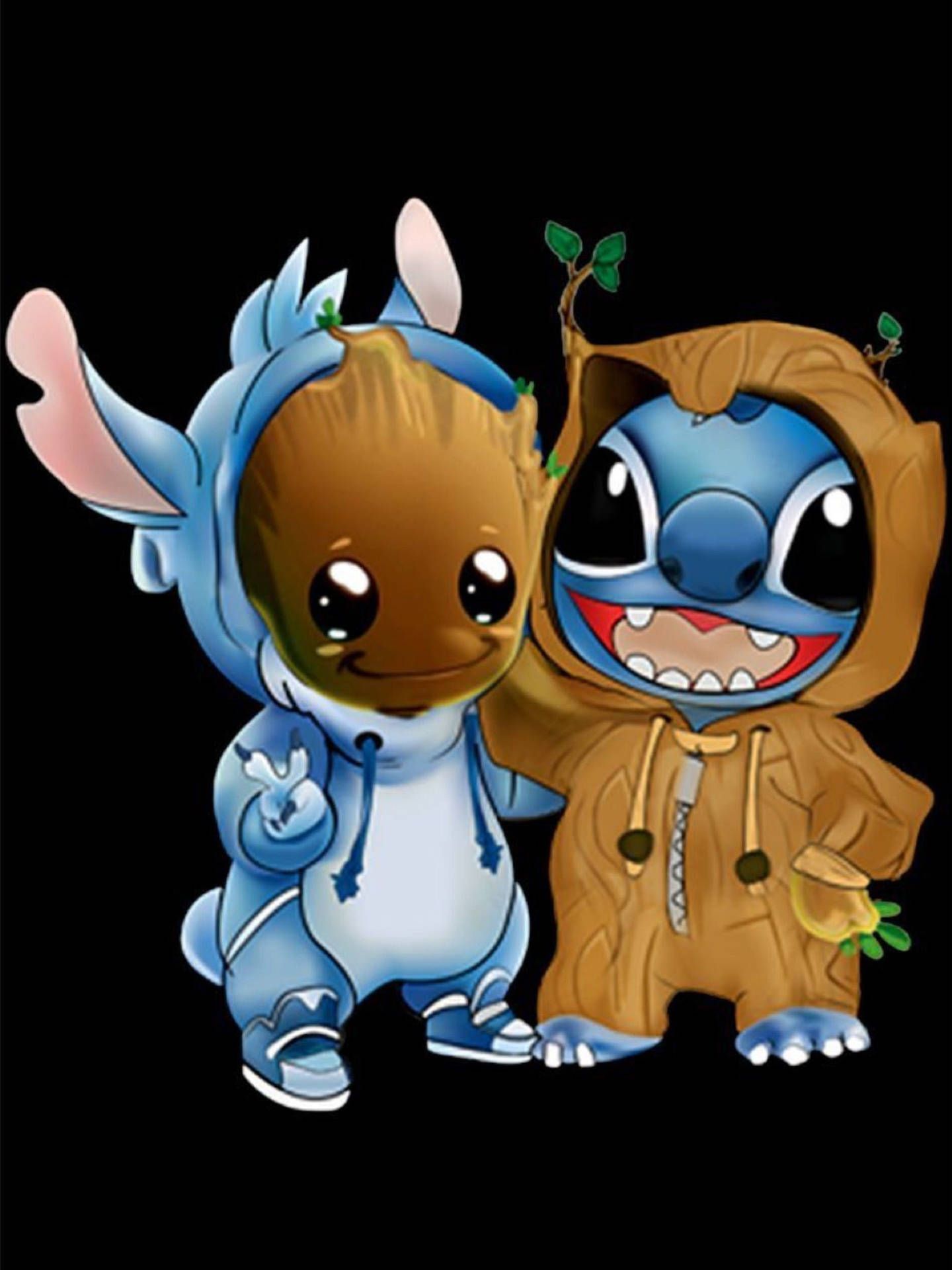 Baby Groot, Stitch, Lilo & Stitch, Kostümtausch, Schwarzer Hintergrund, QHD+ Wallpaper