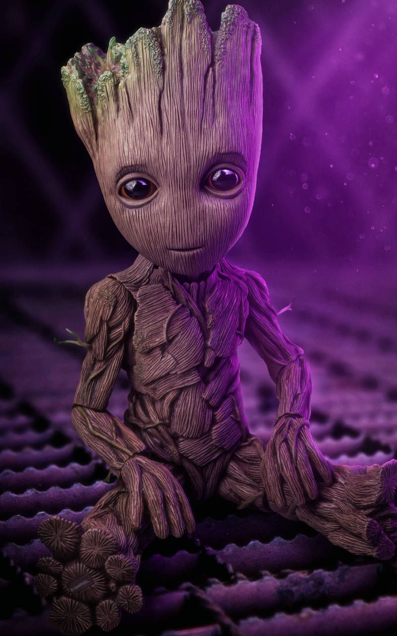 Baby Groot, Lila Licht, Sitzend, Marvel, 3D-Rendering, HD, Handy-Hintergrund im Hochformat