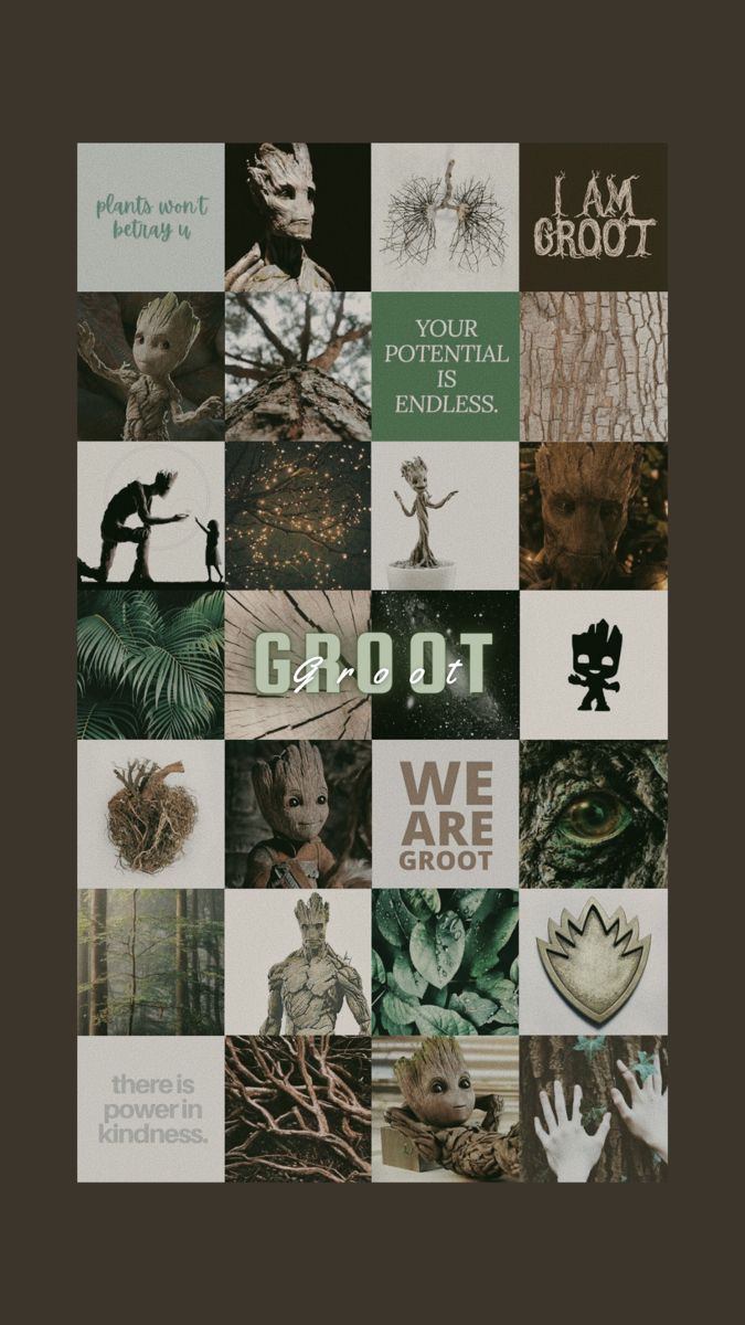 Groot, We are Groot, Collage, Dunkelgrün, Moodboard, Hochformat, Hintergrundbild fürs Smartphone