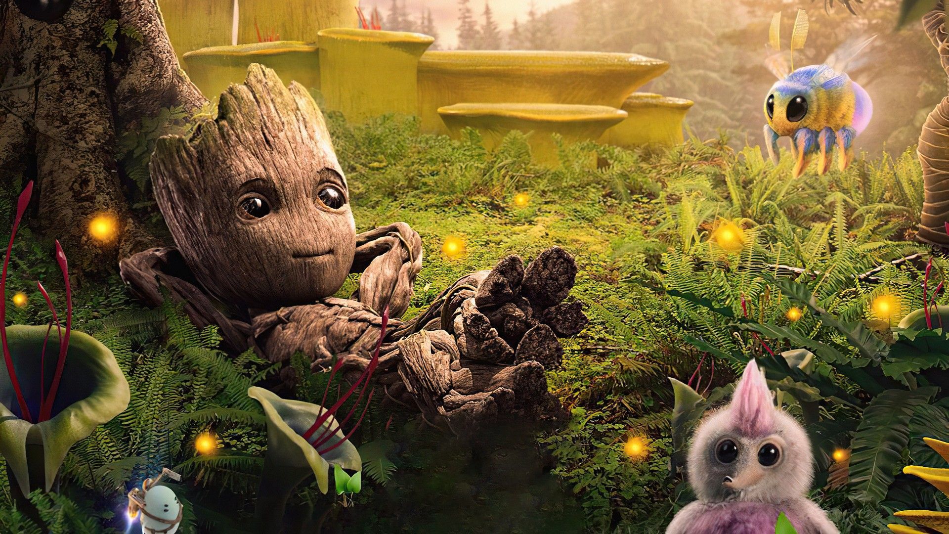 Ich bin Groot, Baby Groot, Marvel, Fantasiewald, Kreaturen, Pilze, Full HD, PC-Hintergrundbild
