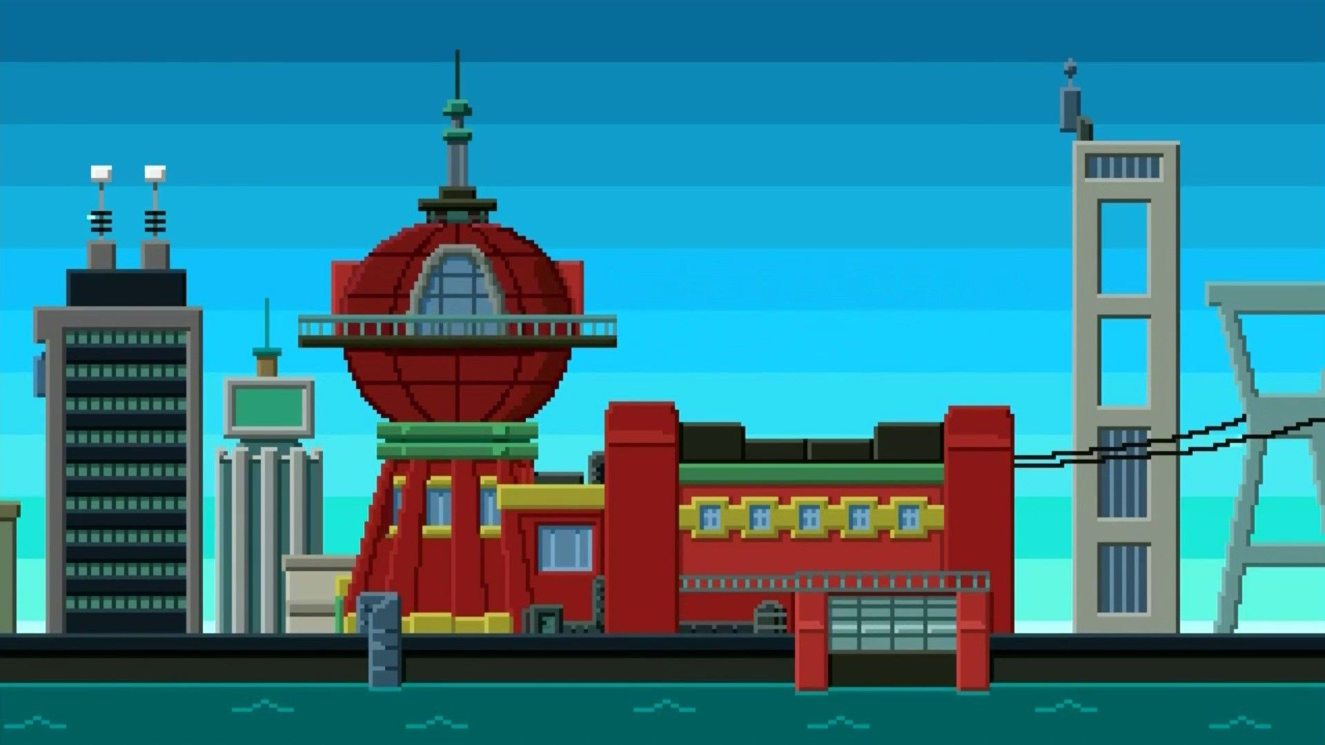 Planet Express, Futurama, Pixel Art, Stadt, Türkis, 16:9, Full-HD-Hintergrundbild für den Desktop