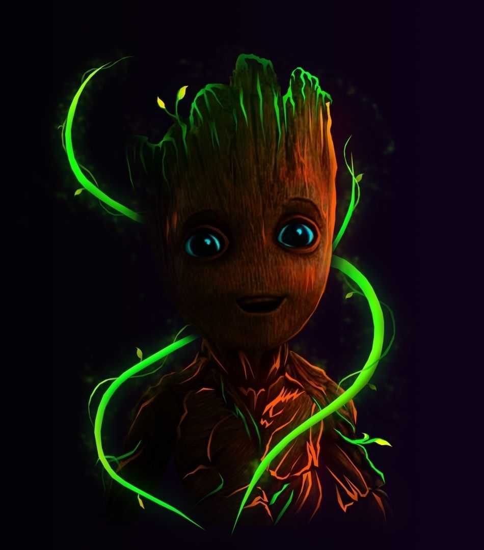 Baby Groot, Neongrün, Schwarzer Hintergrund, Leuchtend, Porträt, Wallpaper