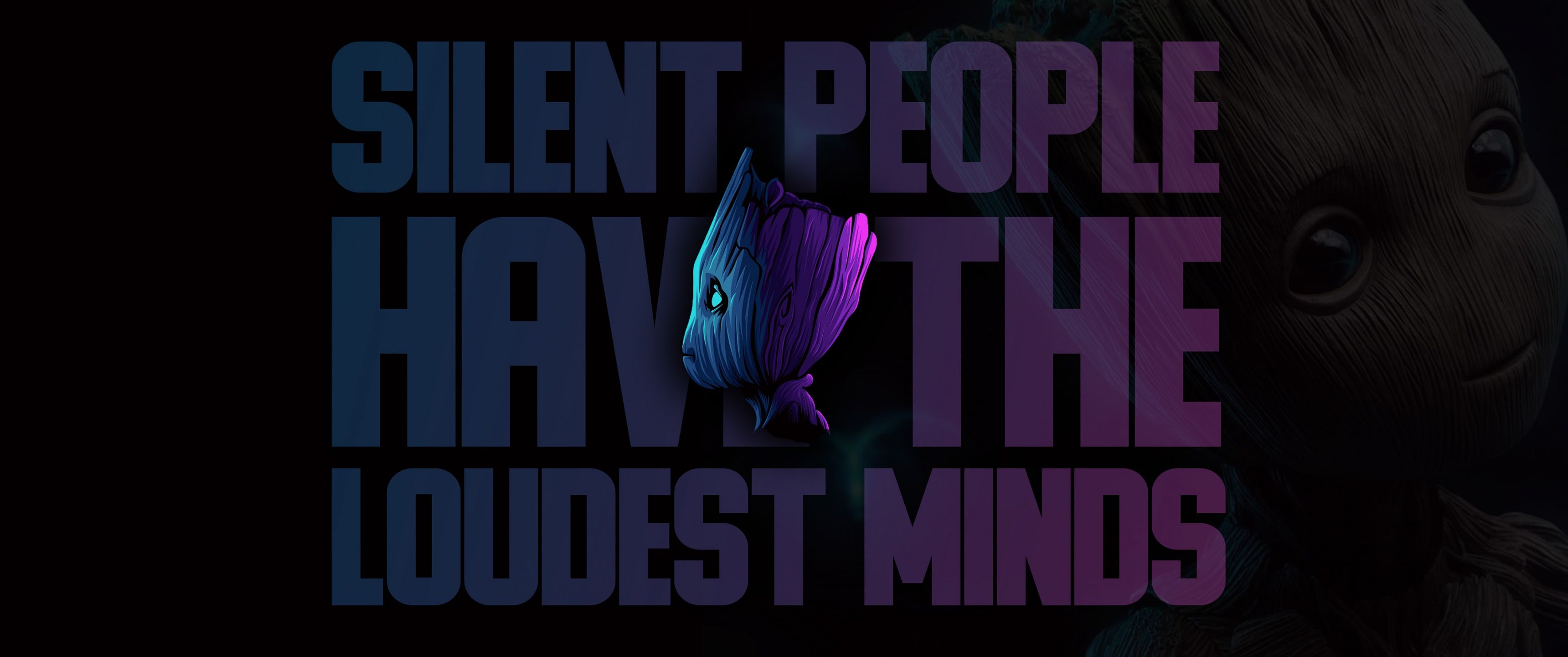 Silent people have the loudest minds, Zitat, Baby Groot, Dunkel, Typografie, 2K Wallpaper