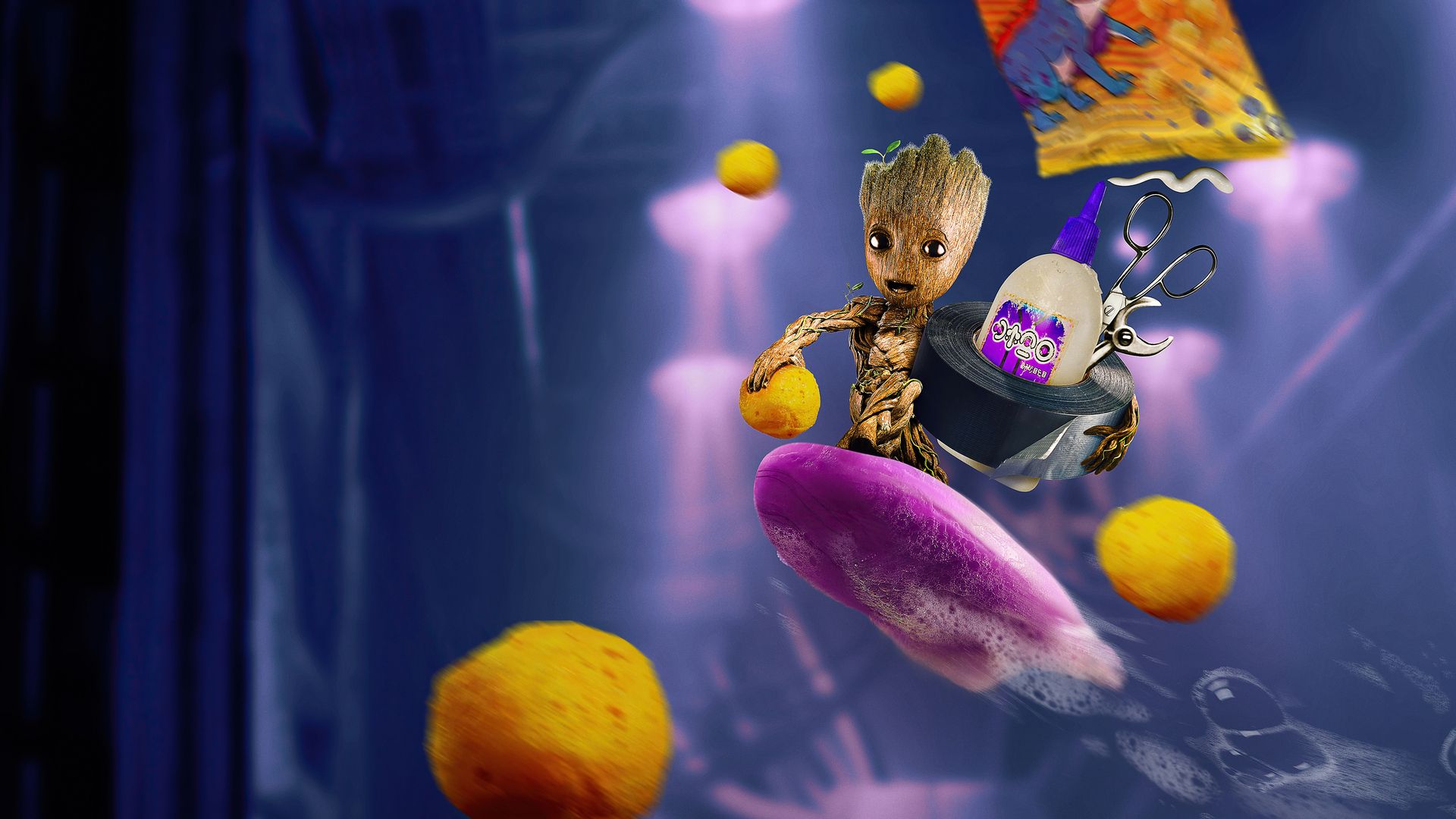 Baby Groot, Weltraum, Fliegende Objekte, Lila, Fantasie, 1920x1080, PC-Hintergrundbild