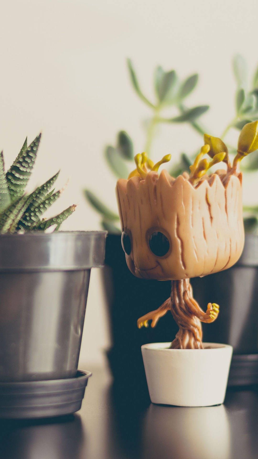 Baby Groot, Blumentopf, Topfpflanzen, Sukkulenten, Unschärfe, Full HD, Handy-Hintergrundbild