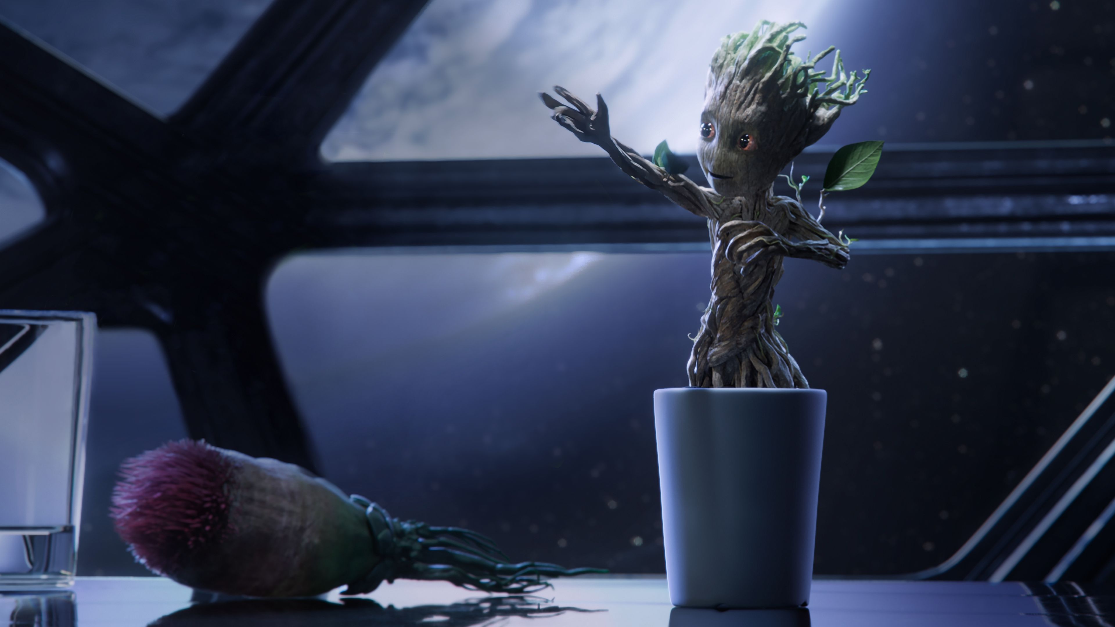 Baby Groot, Blumentopf, Raumschiff, Fenster, Weltraum, 4K, Hintergrundbild für den PC