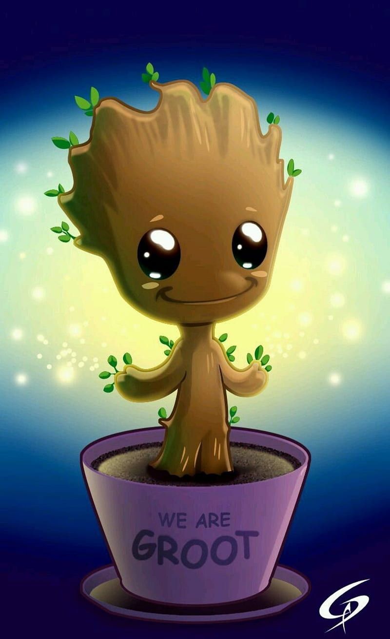 Baby Groot, We are Groot, Blumentopf, Cartoon, Leuchten, HD, iPhone-Hintergrundbild